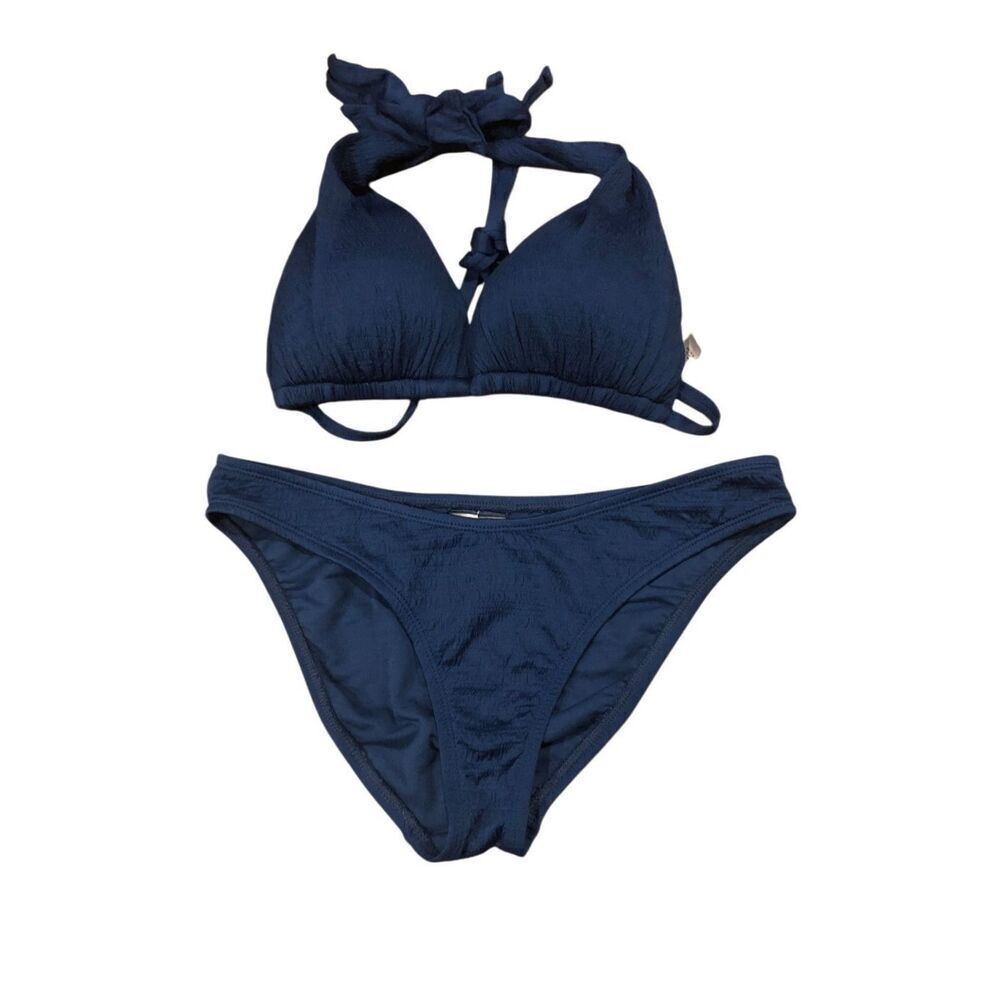 Mynah navy blue crinkle pattern bikini top and bottoms Size M